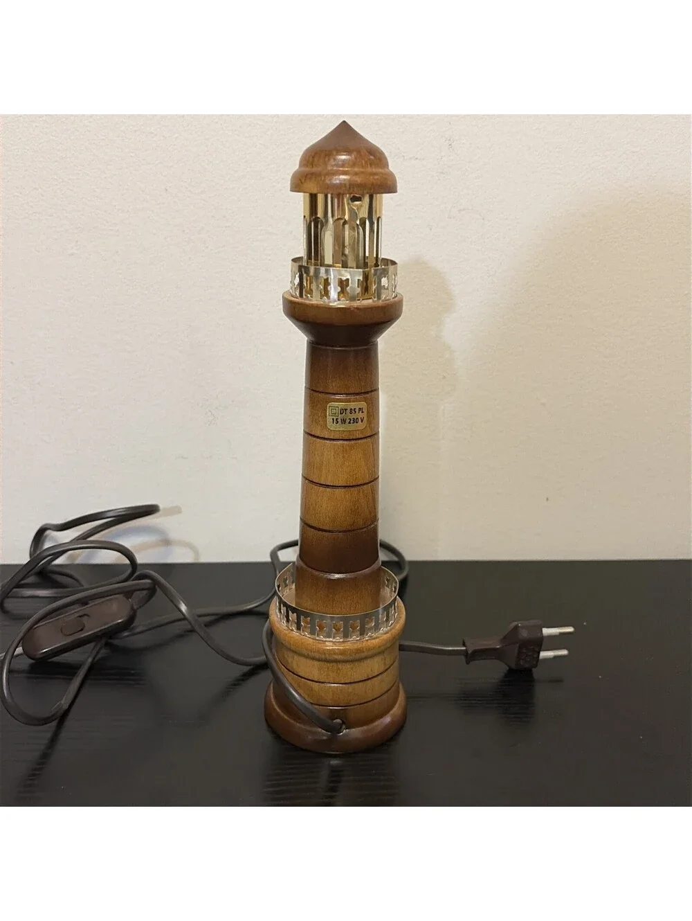 Vintage Wooden Lighthouse Lamp 11”-Euro Version-St. Malo